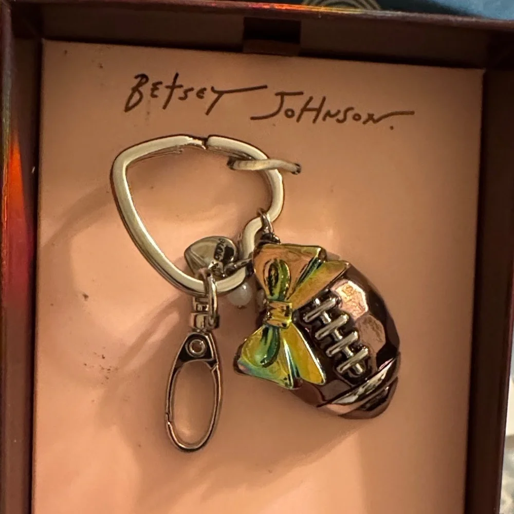 NWT BETSEY JOHNSON Football Bow Heart Key Fob Purse Charm Keychain w/ Gift Box